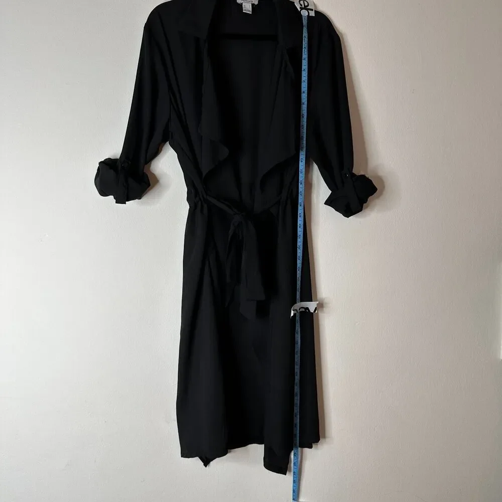 ReVamped Black Flowy Roll Tab Sleeve Tie Waist Waterfall Neck Wrap Dress Small - Picture 11 of 14